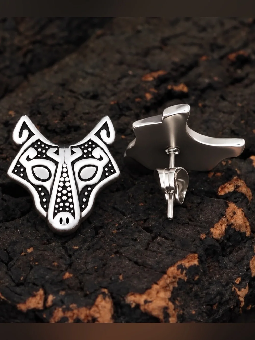 “Nordic Wolf” Fox Scandinavian Viking Tribal Rune Ornate Wildlife Stainless Stud